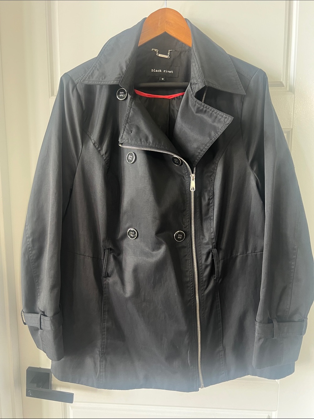 Black Rivet Black Asymmetric Zip Trench Coat